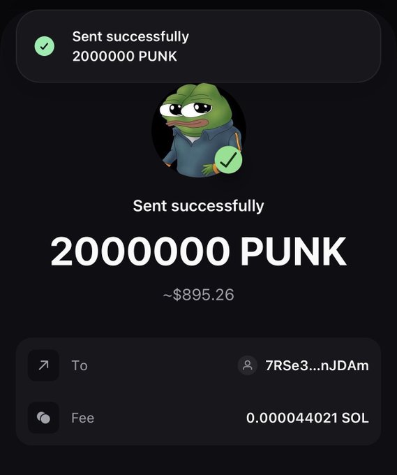 A mobile transaction confirmation screen showing "Sent successfully 2000000 PUNK" (~$895.26) with a Pepe frog avatar, sent to address "7RSe3...nJDAm" with a fee of "0.000044021 SOL".