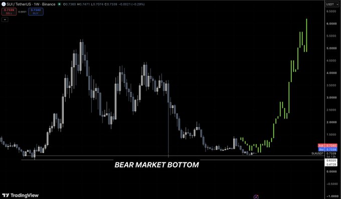 A SUI/USDT 1-week Binance candlestick chart from TradingView highlights a horizontal "BEAR MARKET BOTTOM" support line near $0.73, with the current price at $0.7338 showing the asset revisiting this level for the fourth time after three previous bounces that led to significant recoveries up to ~$6.