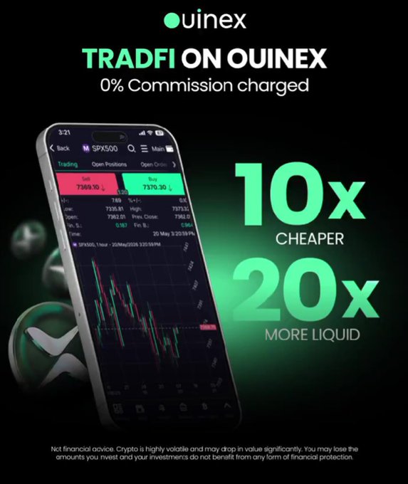 An advertisement for Quinex cryptocurrency exchange promoting 'TRADFI ON QUINEX' with '0% Commission charged', claiming '10x CHEAPER' and '20x MORE LIQUID', showing a smartphone displaying trading charts for SPX500.