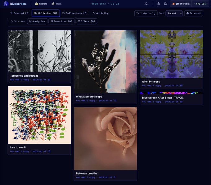 A dark-themed NFT marketplace interface called 'bluescreen' (Open Beta v0.02) showing a gallery of collected digital artworks including '_presence and retreat,' 'What Memory Keeps,' 'Alien Princess,' 'Blue Screen After Sleep: TRACE,' 'love to see it,' and 'Between breaths,' with a wallet balance of $76.98.