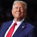 A portrait of Donald Trump in a dark blue suit, white shirt, and red tie.