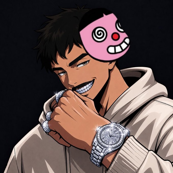 An illustration of a smiling anime character wearing a beige hoodie, diamond rings, and a diamond-encrusted watch, with a pink dizzy emoji obscuring their eyes.