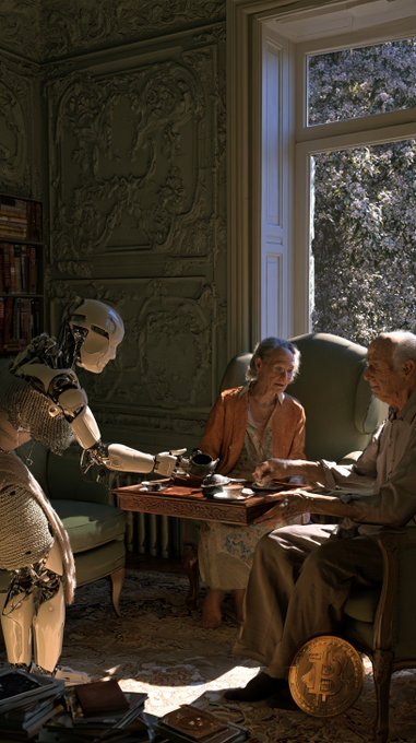 An elderly couple plays a board game with a humanoid robot in an ornate room with decorative green walls, a window showing trees, and a large gold Bitcoin coin on the floor.