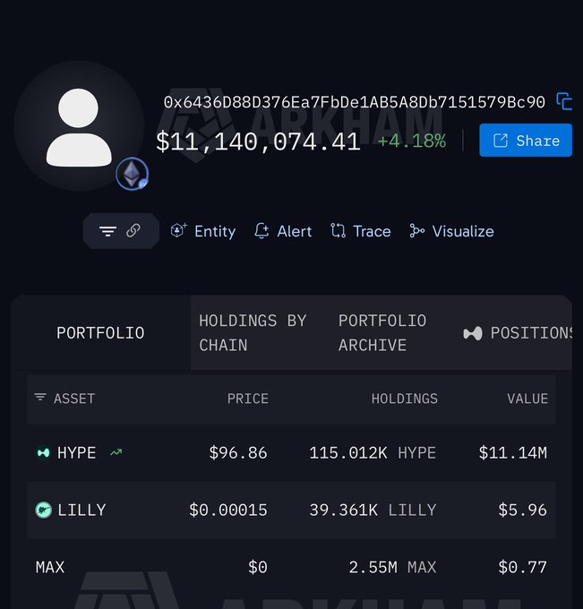 A cryptocurrency portfolio dashboard for wallet address 0x6436D88D376Ea7FbbDe1AB5A8Db7151579Bc90 displays a total balance of $11,140,074.41 (+4.18%), with the 'Holdings by Chain' tab selected showing assets including HYPE (115.012K at $96.86, valued $11.14M), LILLY (39.361K at $0.00015, valued $5.96), and MAX (2.55M at $0, valued $0.77).