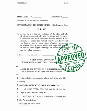 A snippet of a U.S. Senate amendment document (H.R.3633) titled 'Digital Asset Market Clarity Act,' stamped with a green 'CONGRESS APPROVED U.S. SENATE' seal.