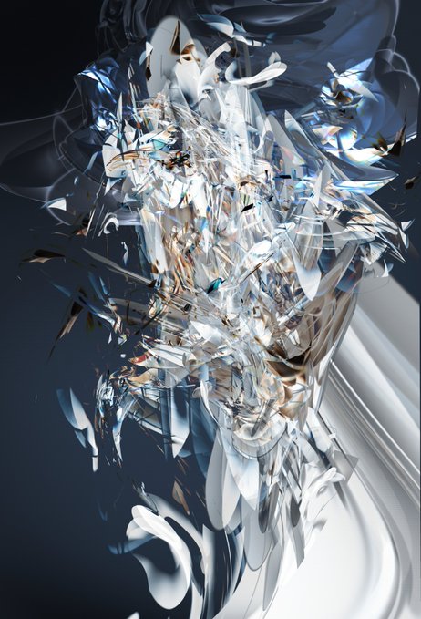 A 3D-rendered crystalline or glass-like figure with sharp, fragmented shards forming a humanoid shape against a dark background.