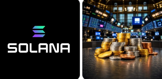 Split image with the 'SOLANA' logo on a black background on the left, and stacks of gold and silver coins on a dark surface in a financial trading environment on the right.