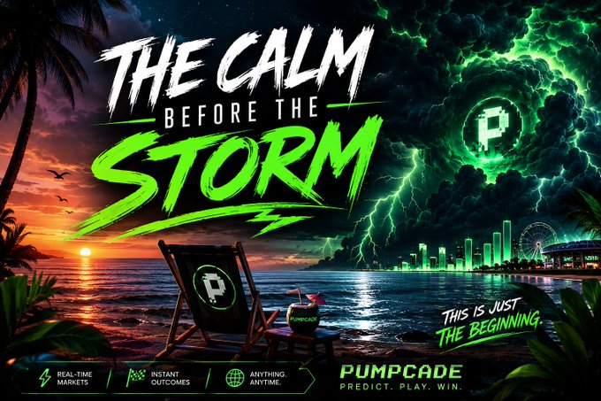 The image features a beach scene with palm trees, a sunset, and a green storm cloud. There are two chairs visible in the picture - one near the center of the image and another closer to the bottom right corner. The text "The calm before the storm" is written above the chairs, while the word "PUMPPCADE" appears below them. This suggests that there might be an upcoming storm or a period of uncertainty, as indicated by the phrase "The calm before the storm".