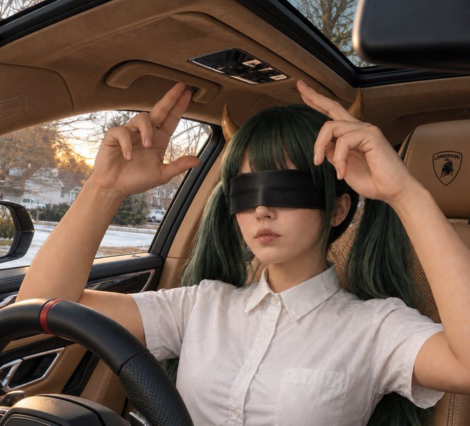 A girl with green twin-tail hair and a black blindfold sits in a Lamborghini, raising her hands as if searching for hope. The Lamborghini logo with "BULL" text appears on the seat, echoing the post's desperate plea for "BULLISH WHALES" to save the market.