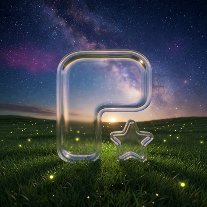 A glass "P" logo and star symbol rest in a grassy field under a starry Milky Way sky, with the letter P standing out prominently as the centerpiece. The glowing green tint and "P" branding connect to the FOMO app experience referenced in the post, symbolizing positivity and "green" gains for holders.