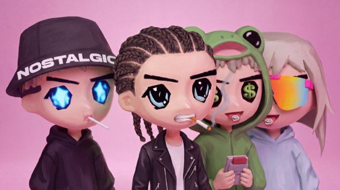 Group of four 3D chibi-style character avatars wearing streetwear clothing, with features like glowing blue eyes, a frog hat, and rainbow sunglasses against a pink background.