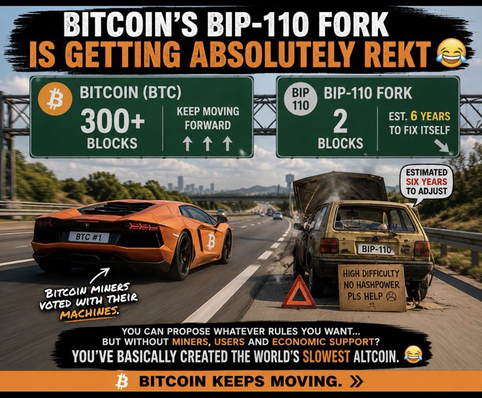The image is a meme titled "BITCOIN'S BIP-110 FORK IS GETTING ABSOLUTELY REKT" that humorously depicts a highway scene with an orange Lamborghini representing Bitcoin (showing "300+ BLOCKS, KEEP MOVING FORWARD") speeding past a broken-down, smoking car labeled "BIP-110" with only "2 BLOCKS" mined. Warning signs note "HIGH DIFFICULTY, NO HASHPOWER, PLS HELP" and "ESTIMATED SIX YEARS TO ADJUST," illustrating the post's message that the BIP-110 fork chain has produced only 2 blocks versus Bitcoin's 300+ since Saturday, inheriting mining difficulty it cannot handle.