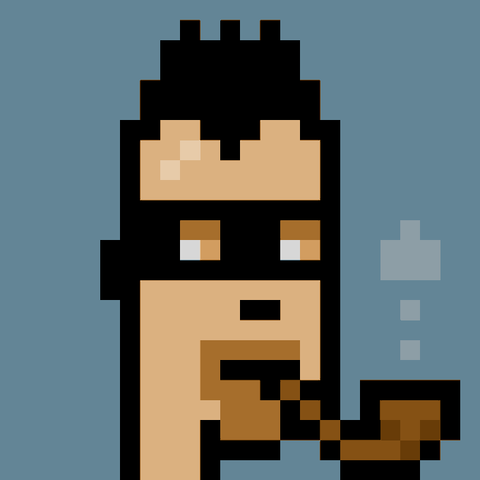 Pixel art of a bearded man with a dark hairstyle smoking a pipe, with smoke rising against a blue background.