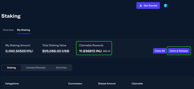 The image shows a staking dashboard displaying "Claimable Rewards" of 11.836812 INJ ($86.18) with "Claim All" and "Claim & Restake" buttons highlighted, illustrating the post's point about compounding $INJ staking rewards by restaking to grow holdings without additional purchases.