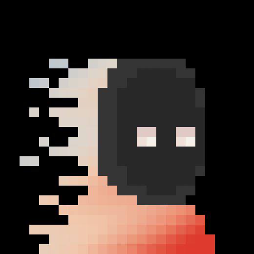 A low-resolution pixel art illustration of a figure with a black mask or face, dark hair, and visible white eyes against a black background.