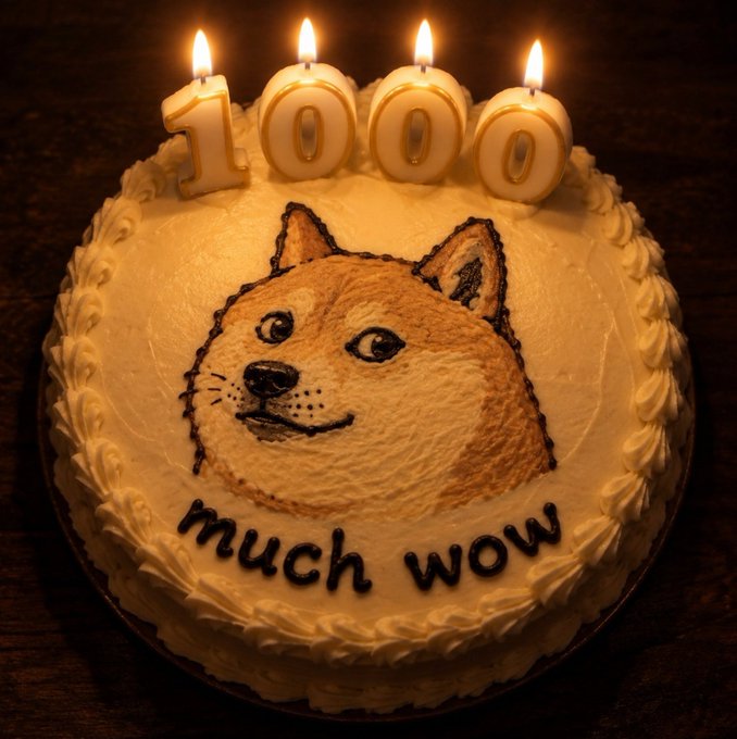 A round birthday cake decorated with white frosting, featuring a painted image of the 'Doge' Shiba Inu meme face, the text 'much wow' written below it, and four lit candles shaped like the number '1000' on top.