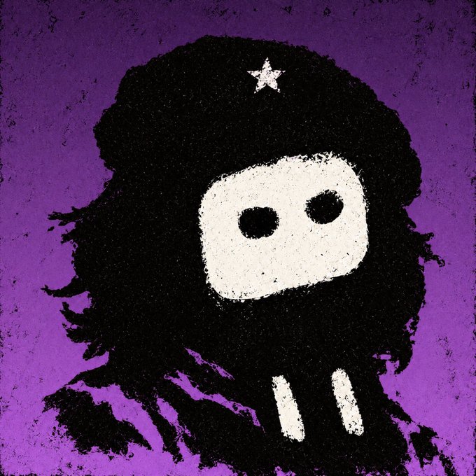 A stylized, textured illustration of a hooded figure wearing a black cloak with a white star on the hood and a white mask with black eyes, set against a purple background.