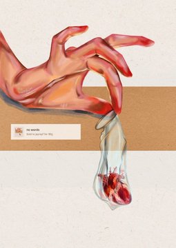 A digital artwork showing a red hand reaching down to pull a bloody tooth from a mouth, with a comment overlay reading 'hu beards' and 'and so good for life'.