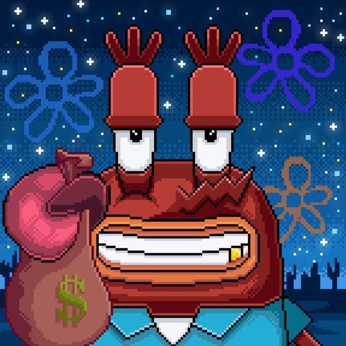 A pixel art image of Mr. Krabs from SpongeBob SquarePants gleefully holding a money bag marked with a green "$" symbol against a starry night background with flower silhouettes, conveying a "Ready" sentiment of eagerness for profit.