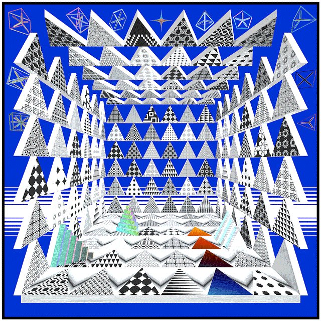 The image features a large, colorful quilt with numerous small white triangles arranged in various patterns across its surface. These patterns are reminiscent of the geometric designs found in the work of artist M.C. Escher. The quilt appears to be a collage or mixed media piece that incorporates elements from different artistic styles and techniques. The vibrant colors and intricate patterns make it an eye-catching display, drawing attention to the unique design and craftsmanship involved in creating such a visually striking piece.
