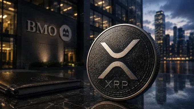 A dark, metallic XRP coin rests on a reflective marble surface in front of a Bank of Montreal (BMO) office, with a city skyline visible in the background. The composition visually links the cryptocurrency to the traditional banking institution, illustrating BMO's newly disclosed holdings of XRP through U.S.-listed ETFs as reported in the accompanying news.