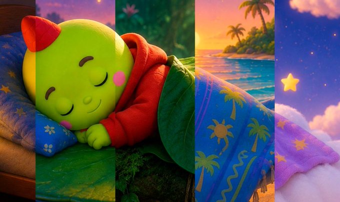 A composite image shows a cute green character with red horns sleeping on a pillow, overlaid with vertical strips depicting nighttime, forest, a tropical sunset over the ocean, and a starry sky with clouds.