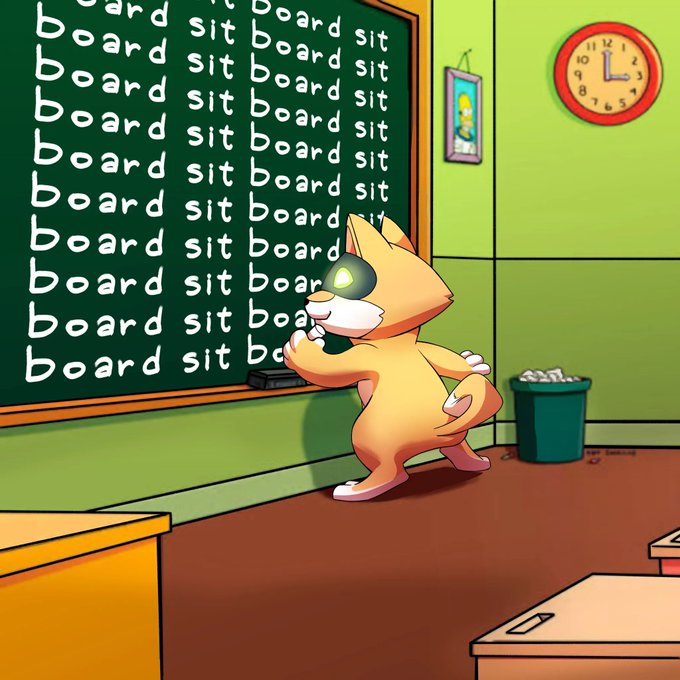 An animated orange cat stands before a green chalkboard repeatedly writing the words "board sit," with a wall clock showing 3:00 in the background. The repetitive phrase on the board directly mirrors the post's caption of "board sit."