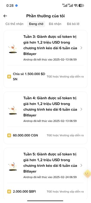 A mobile app screenshot in Vietnamese titled 'Phần thưởng của tôi' (My Rewards) showing pending token rewards from Bitlayer valued at 1.2 trillion USD over a 6-week program.