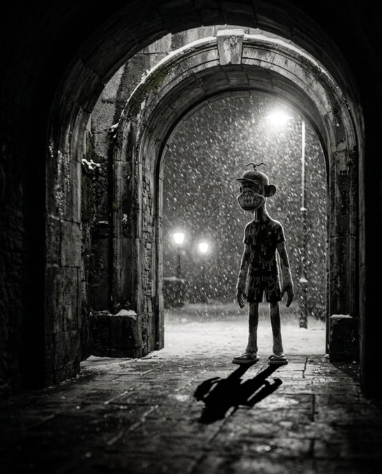 A black-and-white artistic photograph showing a person in a cap and mask standing in a stone archway at night, with rain or snow falling illuminated by streetlights.