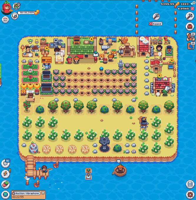 A pixel art farming/crafting game screenshot showing a green island with crop fields, trees, a character, and various buildings with stats including 5399.99 coins, 1223 gems, and a Vibrasphone auction timer at 00:22:55.