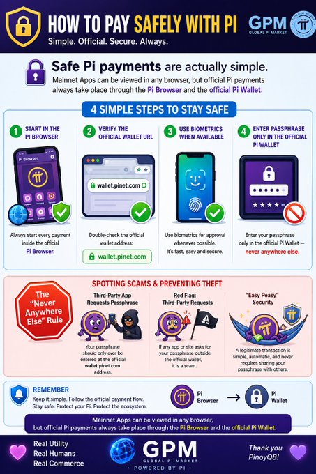 An infographic titled "HOW TO PAY SAFELY WITH PI" by GPM (Global Pi Market) outlining 4 simple steps to stay safe with Pi payments and tips for spotting scams.