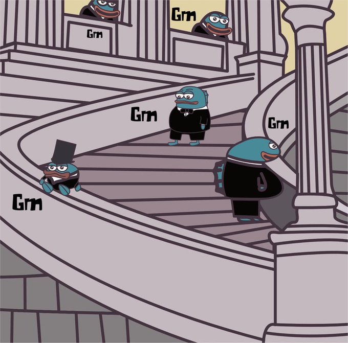 A cartoon meme depicting blue fish characters dressed as politicians/monarchs in a government chamber, with 'Gm' (good morning) labels scattered throughout, referencing the 'Gm' crypto token.
