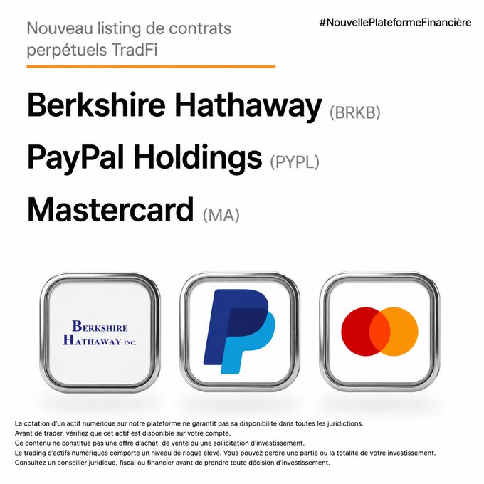 An advertisement announcing the 'Nouveau listing de contrats perpétuels TradFi' for Berkshire Hathaway (BRKB), PayPal Holdings (PYPL), and Mastercard (MA), featuring their respective logos.