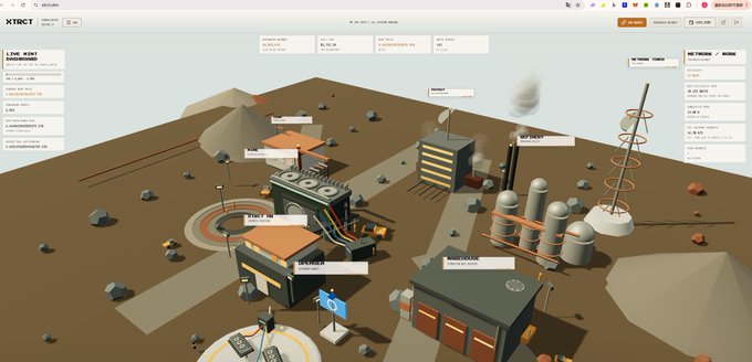 A low-poly 3D rendering displays an industrial or mining facility labeled 'XTINCT' with various buildings, machinery, and structures set in a desert-like terrain, featuring UI panels and labels.