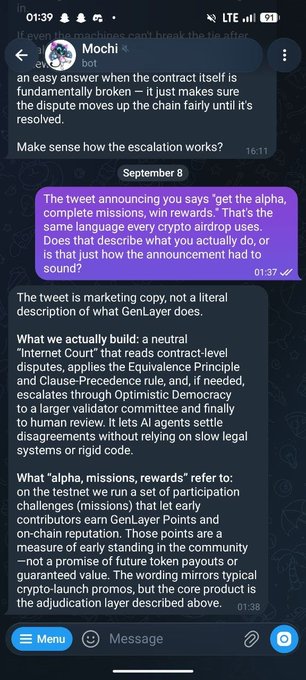 A screenshot of a Telegram chat conversation dated September 8 with a bot labeled "Mochi," featuring highlighted purple text reading "The tweet announcing today says 'get the alpha, complete missions, win rewards.' That's the same language every crypto airdrop uses. Does that describe what you actually do, or is that just how the announcement had to sound?" The reply explains a dispute resolution system called "Internet Court" using the Equivalence Principle and Clause-Precedence rule.