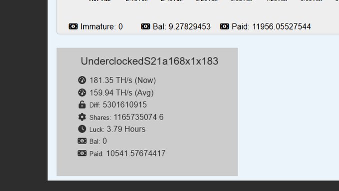 A partial screenshot of a cryptocurrency mining dashboard showing stats for a miner named 'UnderclockedS21a168x1x183', including a current hashrate of 181.35 TH/s and an average of 159.94 TH/s.