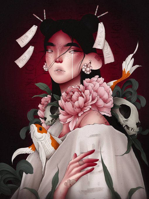 A stylized digital artwork depicts a pale woman with dark hair in buns, adorned with talismans, crying tears as she holds pink peonies and skulls, with a koi fish swimming nearby against a deep red background.