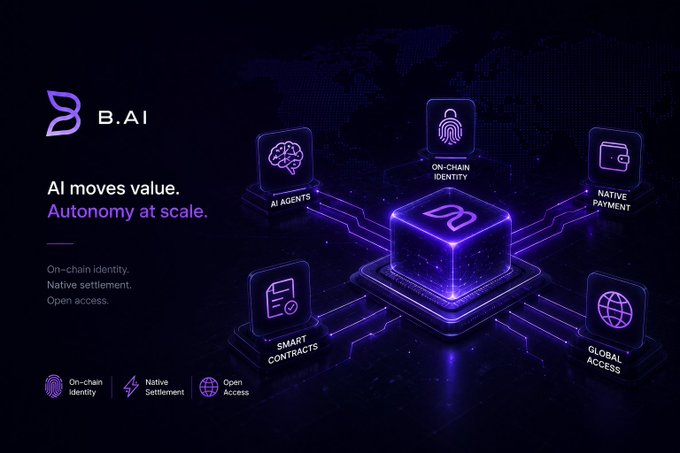 A dark purple promotional graphic for 'B.AI' advertising 'Autonomy at scale' with icons representing AI agents, on-chain identity, native payment, smart contracts, and global access.