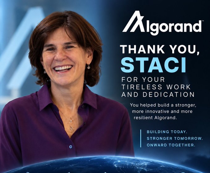 An Algorand promotional image thanking "Staci" for her tireless work and dedication, featuring a smiling woman in a purple shirt alongside the tagline "Building Today. Stronger Tomorrow. Onward Together." The accompanying post offers a personal defense of Staci's leadership, suggesting her quieter, steadier approach as CEO was exactly what the company needed—aligning with the image's understated yet grateful tone of appreciation rather than louder fanfare.