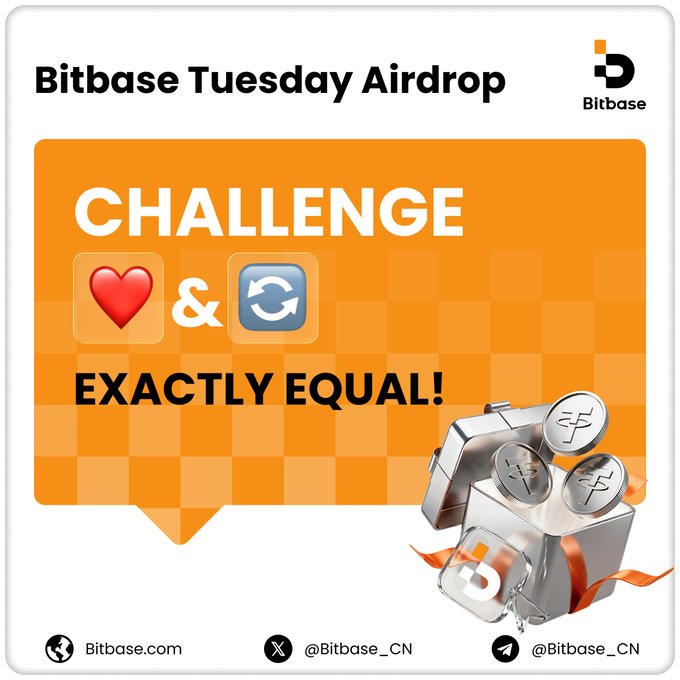 An orange and white promotional graphic for 'Bitbase Tuesday Airdrop' featuring a 'CHALLENGE' with a heart icon and refresh icon, displaying 'EXACTLY EQUAL!' and social media handles @Bitbase_CN.
