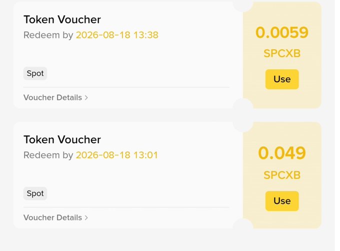 Two Token Vouchers showing 0.0059 and 0.049 SPCXB for redemption by 2026-08-18, each with a 'Use' button.