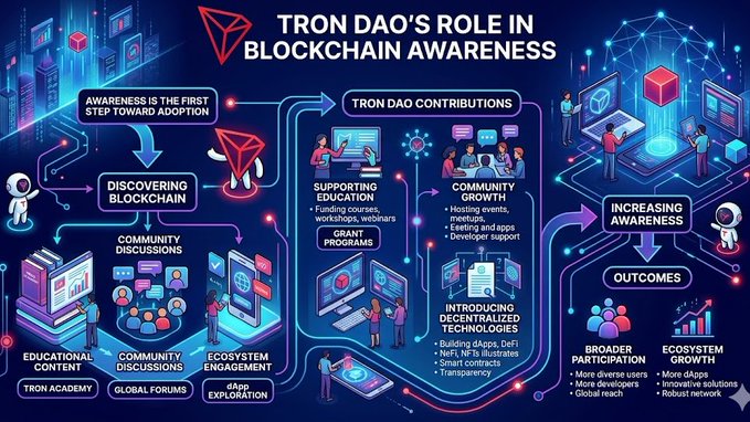 The image features a detailed visual representation of a flowchart depicting the journey of someone exploring the concept of blockchain. At the top of the chart, there are two people who appear to be students or researchers delving into the world of blockchain for educational purposes. They represent the beginning stage of adoption.

Below them, an animated sequence illustrates how one individual starts learning about blockchain and eventually adopts the technology. A red cube is featured in this segment as a symbol of understanding and recognizing the potential benefits of blockchain. 

Finally, at the bottom, there are two more people who could be potential users or advocates of blockchain, showcasing that its adoption has grown beyond just students and researchers. This progression through various stages of adoption highlights how TRON DAO's role in promoting awareness about blockchain is significant in driving its widespread usage and integration into different aspects of society.