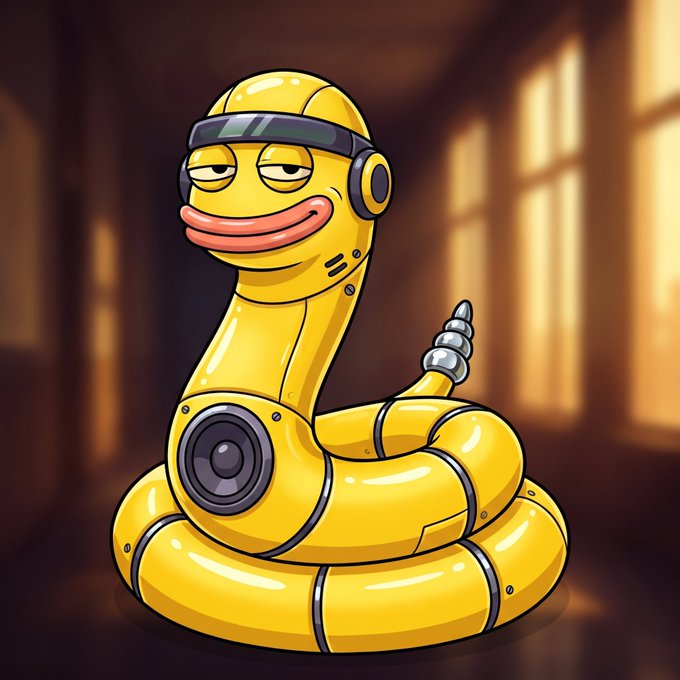 A cartoon illustration of a yellow mechanical snake-like robot character with a duck-like bill, wearing headphones and sporting a speaker on its chest, set in a warm brown-lit industrial room.