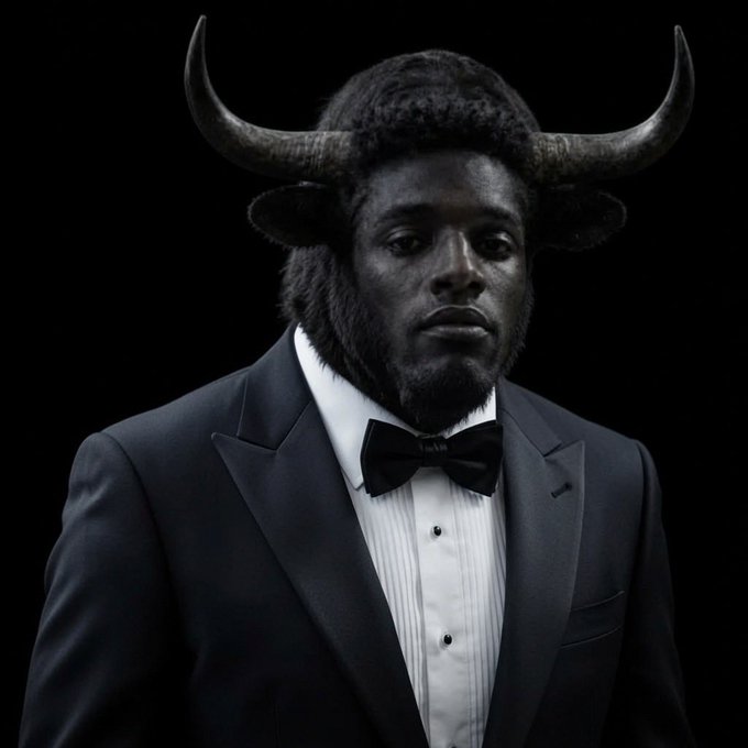 An artistic digital portrait of a Black man wearing a formal tuxedo with bow tie, depicted with bull horns and fur features merging into a serious expression.