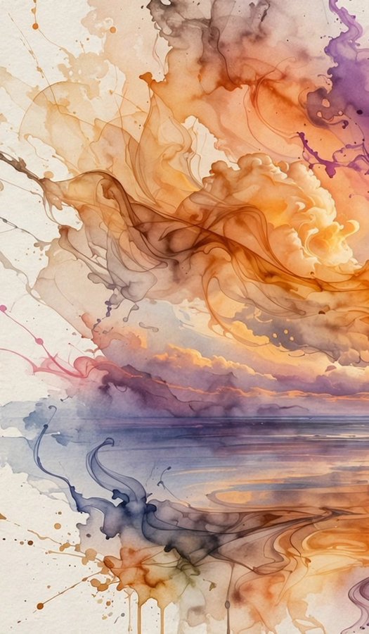An abstract watercolor-style painting featuring flowing swirls of orange, purple, and blue that evoke a sunset seascape with clouds and ocean waves.