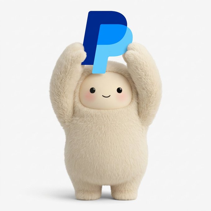 An adorable plush Yeti character with a smiling face holding up the blue PayPal logo