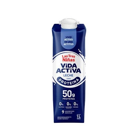A 1-liter carton of Las Tres Niñas Vida Activa protein-enriched milk (50g protein, 0% lactose, 0% added sugars) with a blue and white design featuring "VIDA ACTIVA" branding. The image aligns with the post's caption by showcasing a high-quality, health-focused milk product from AGRO, emphasizing its premium nutritional content.