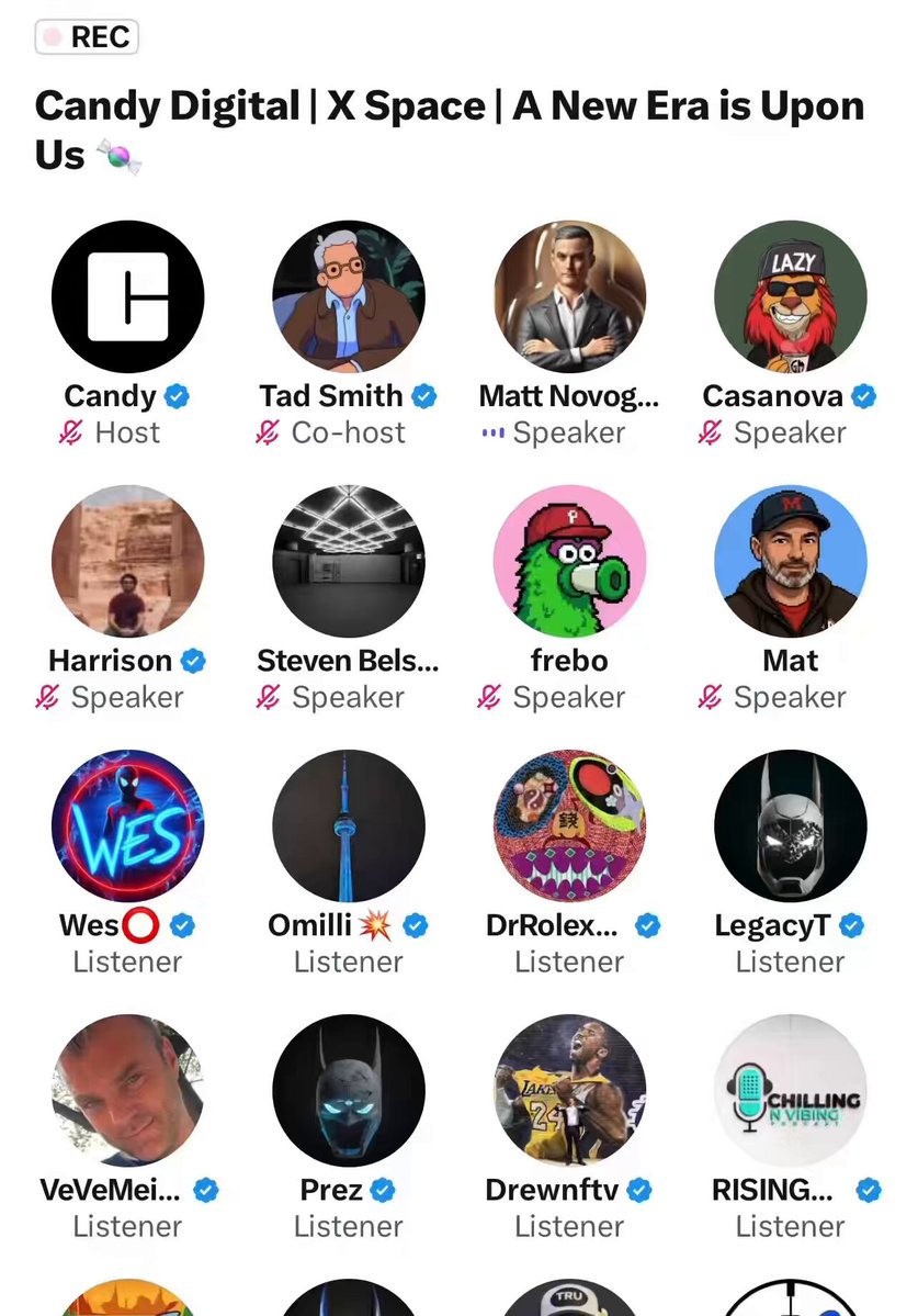 The image shows a phone screen displaying a list of people's names, along with their social media handles or usernames. The posts are from various individuals who have tagged themselves in the image. One person has a name tag that reads "Matt Novogratz", and another individual is named "Candy Digital X Space". There are also several other names on display, such as "Tad Smith", "Matt Novogratz", and "Candy Digital X Space". The posts seem to be related to the Candy Digital X space platform or a social media app.