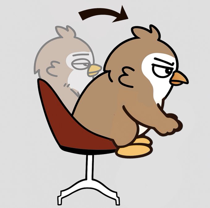 A cartoon illustration of a brown bird character sitting on a brown office chair with an arrow above indicating rotation, showing a faded previous position suggesting it just spun around.