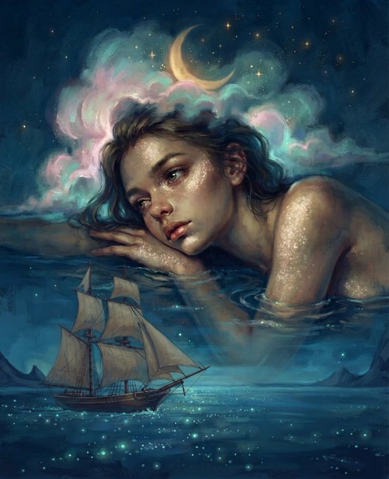 A dreamy fantasy illustration features an ethereal woman with shimmering skin resting on dark waters beneath a crescent moon and starry clouds, gazing toward a small sailing ship on a glowing sea—fitting the "Angel or Cloud Art" theme shared with the NFT X Family quote.